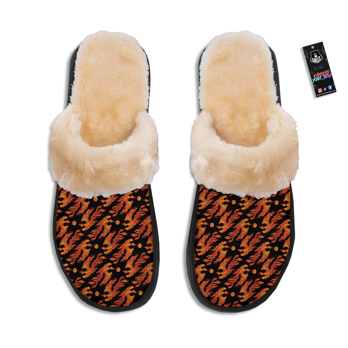 Phoenix Fire On Black Print Pattern Slippers-grizzshop
