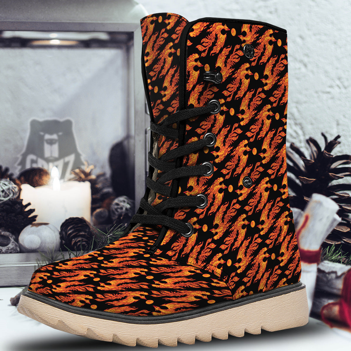 Phoenix Fire On Black Print Pattern Snow Boots-grizzshop