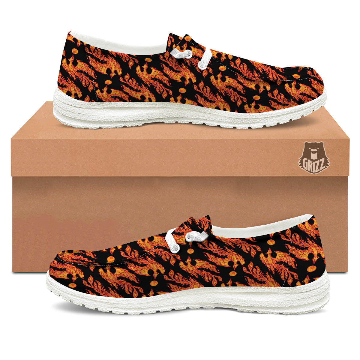 Phoenix Fire On Black Print Pattern White Loafers-grizzshop