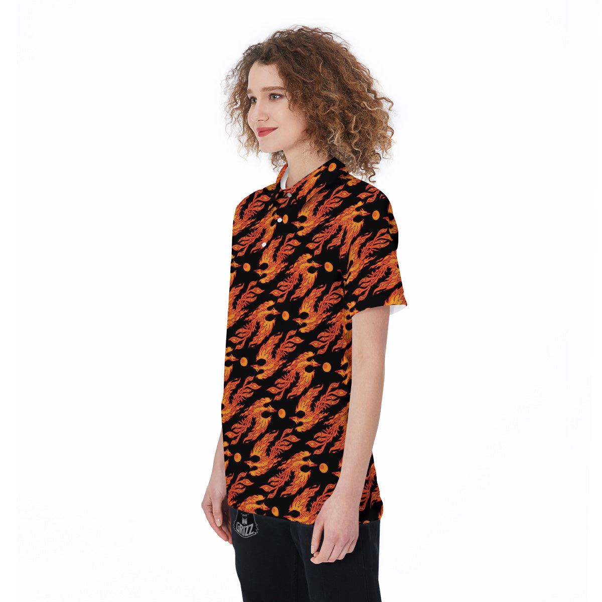 Phoenix Fire On Black Print Pattern Women's Golf Shirts-grizzshop