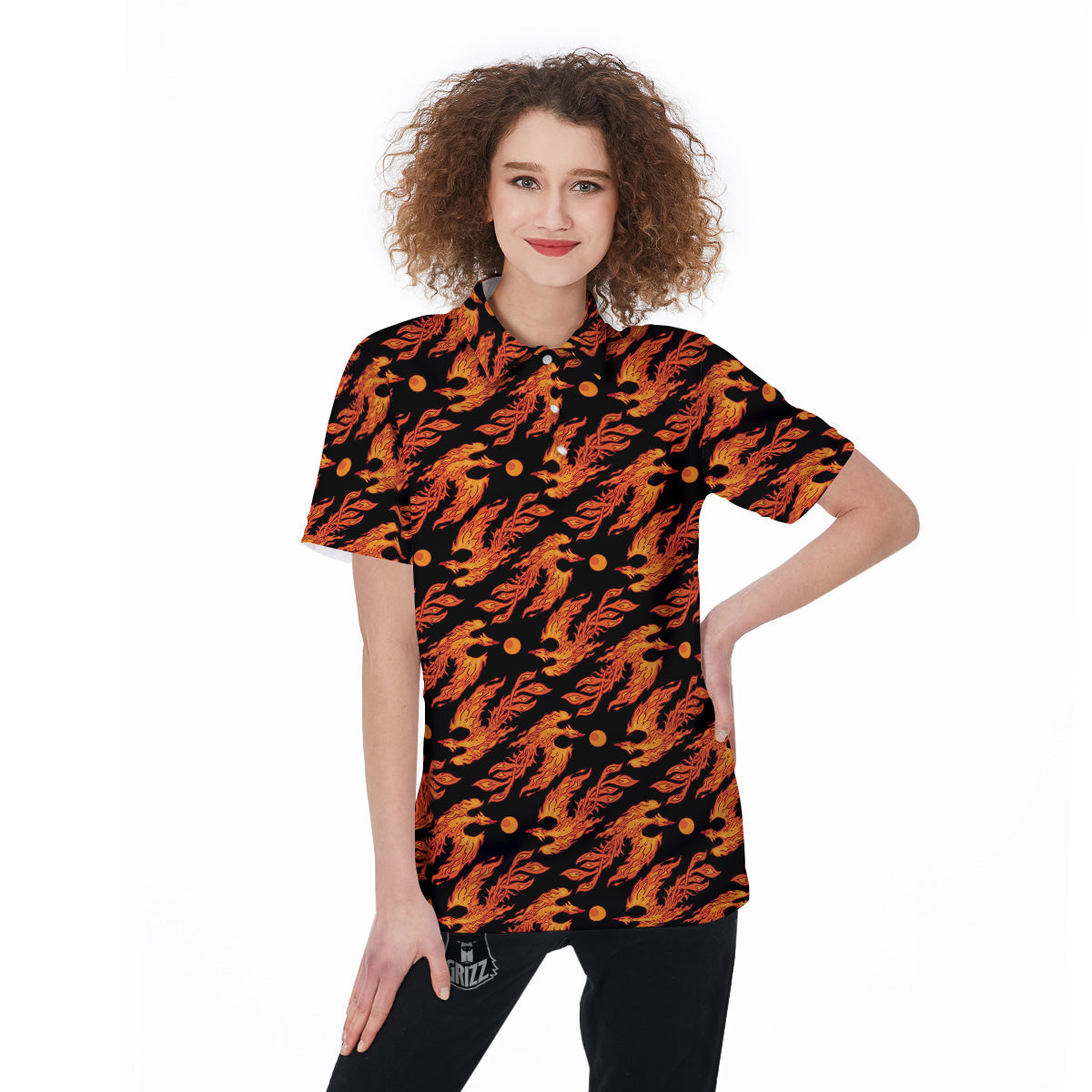 Phoenix Fire On Black Print Pattern Women's Golf Shirts-grizzshop