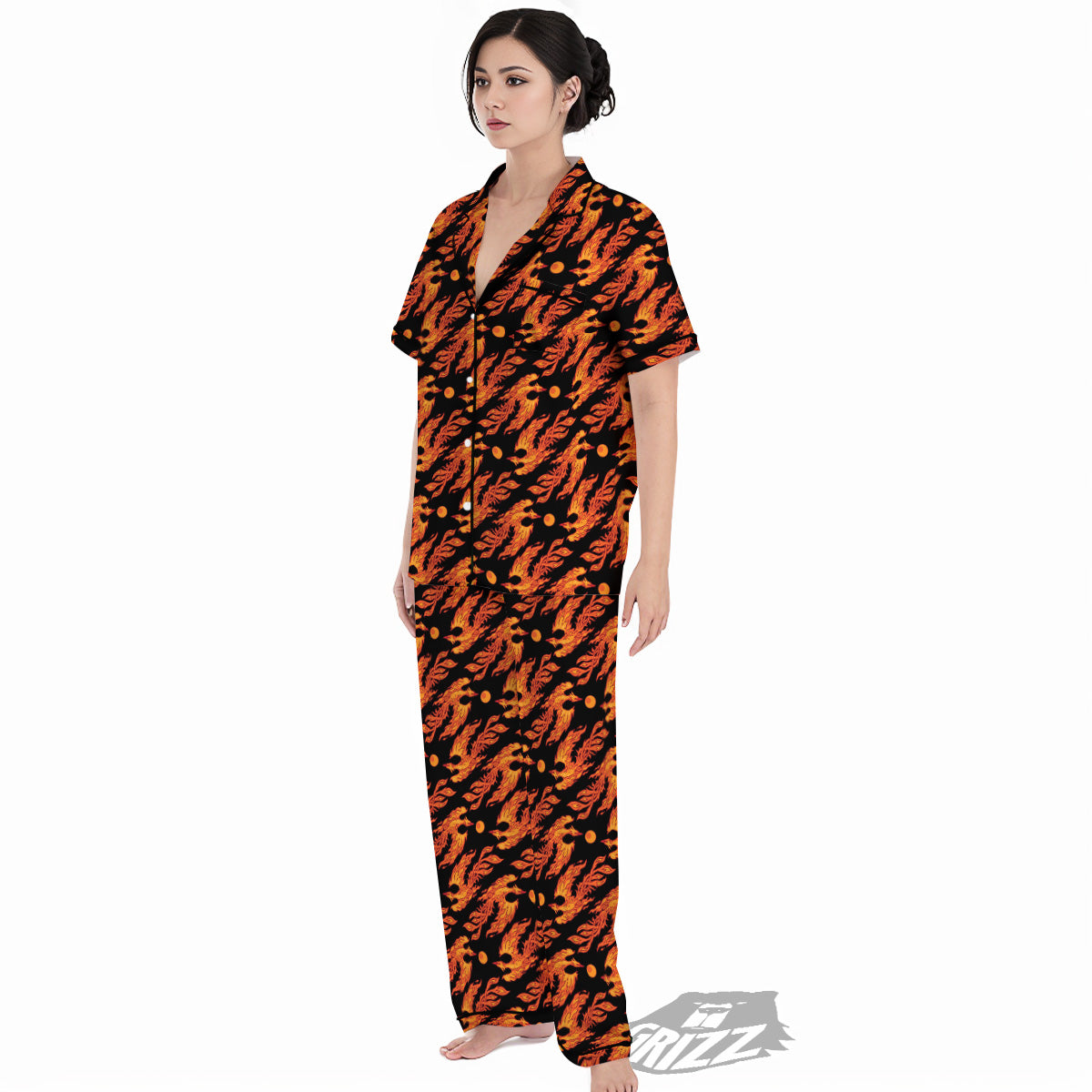 Phoenix Fire On Black Print Pattern Women's Pajamas Set-grizzshop