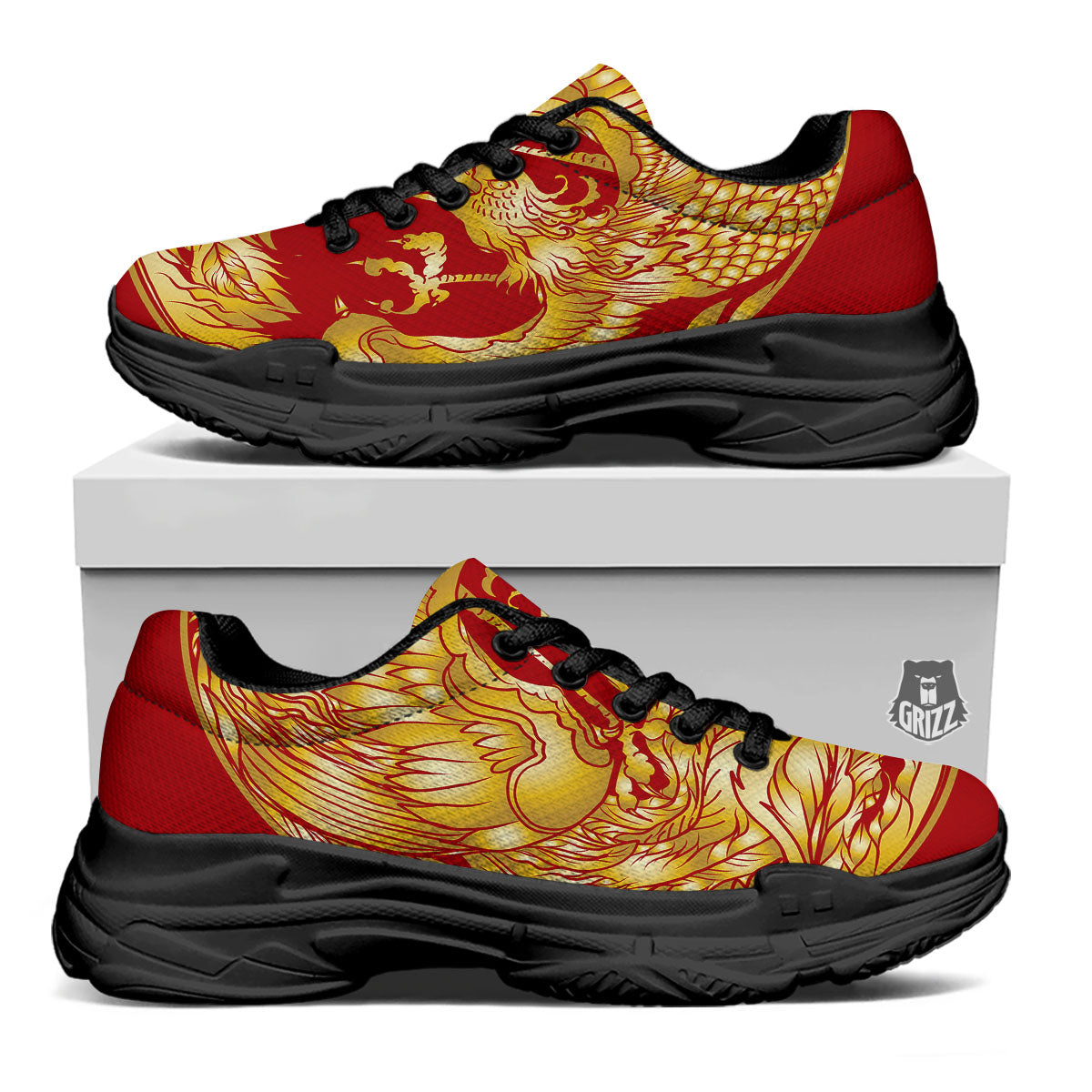 Phoenix Japanese Print Black Chunky Shoes-grizzshop