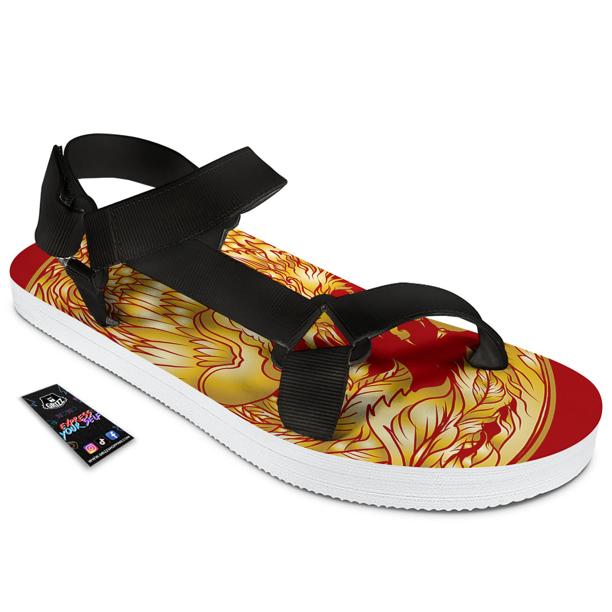 Phoenix Japanese Print Black Open Toe Sandals-grizzshop