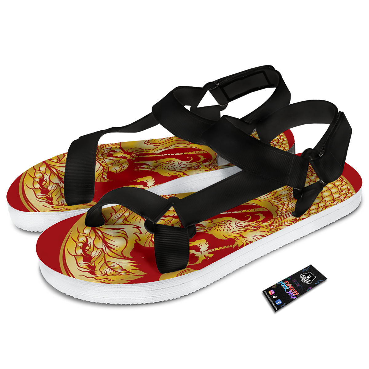 Phoenix Japanese Print Black Open Toe Sandals-grizzshop