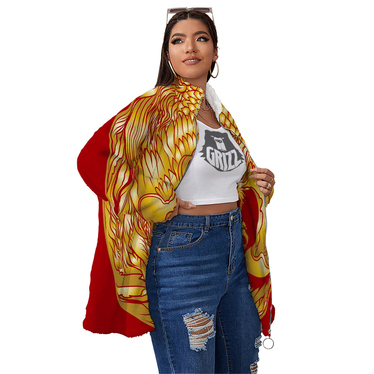 Phoenix Japanese Print Women's Sherpa Jacket-grizzshop