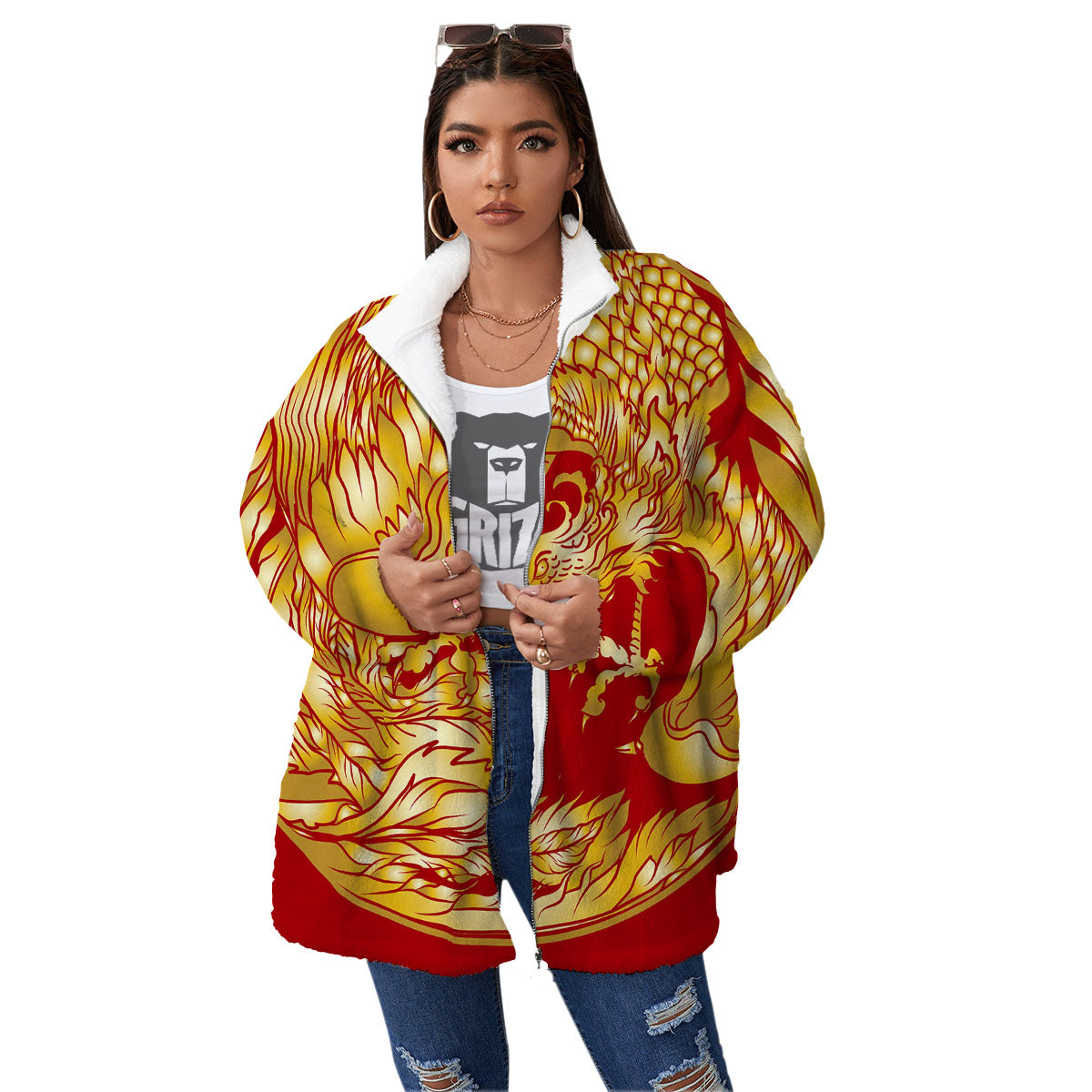 Phoenix Japanese Print Women's Sherpa Jacket-grizzshop