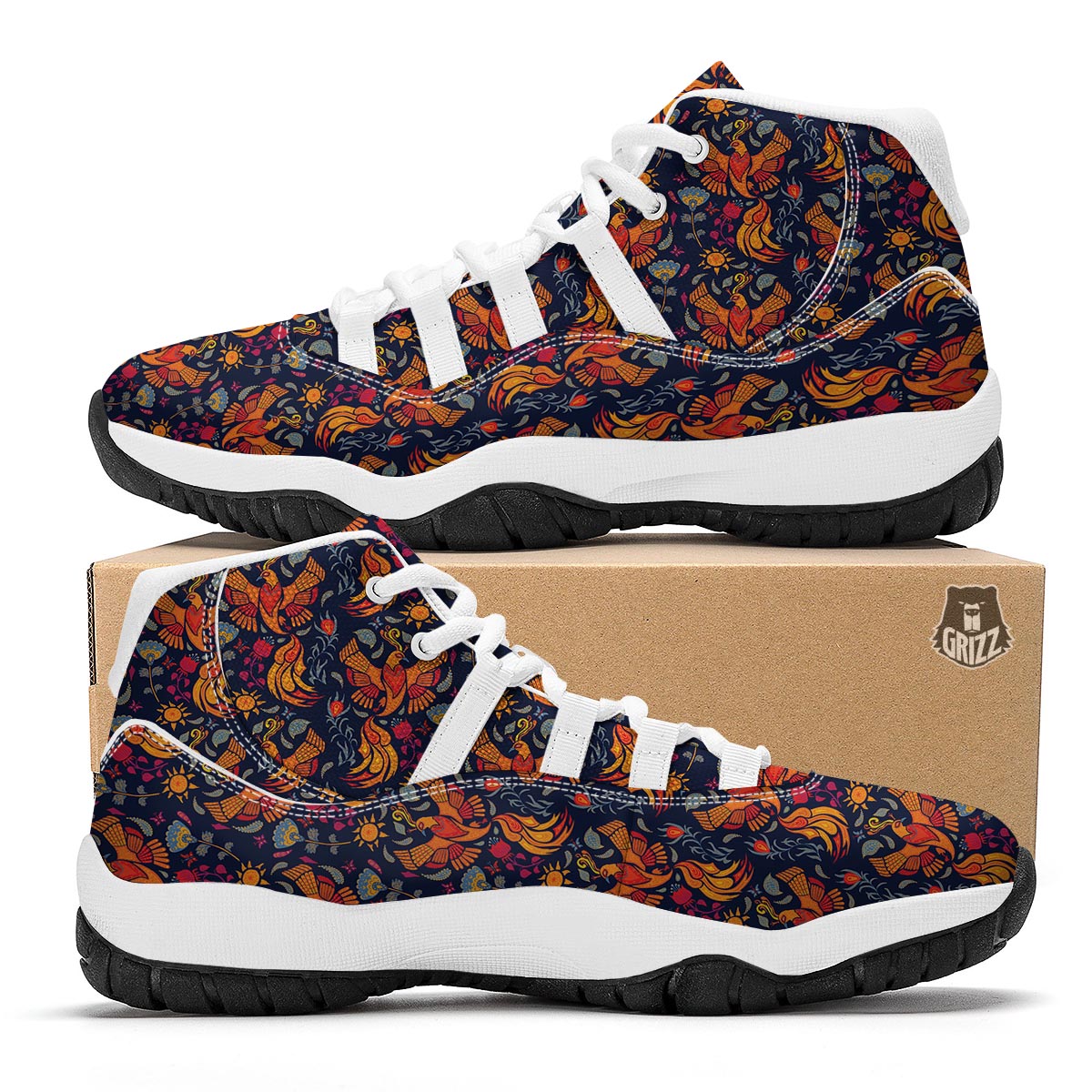 Phoenix Pattern Print Floral White Bball Shoes-grizzshop