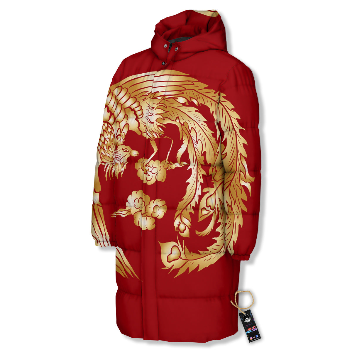 Phoenix Chinese Print Long Down Jacket