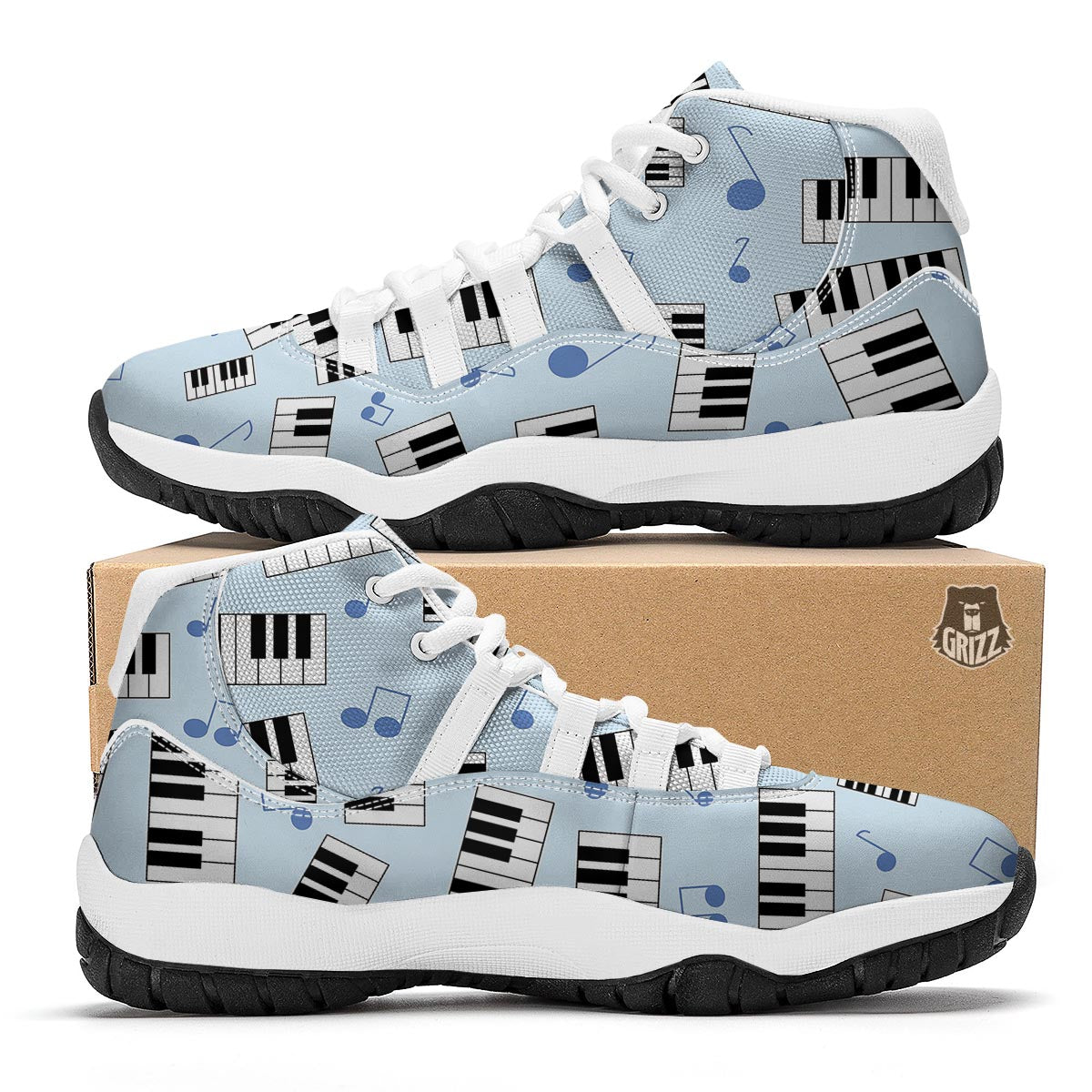 Piano Blue Pattern Print White Bball Shoes-grizzshop