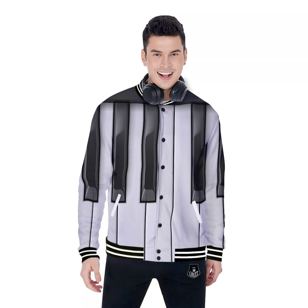 Piano Keyboard Print Baseball Jacket-grizzshop