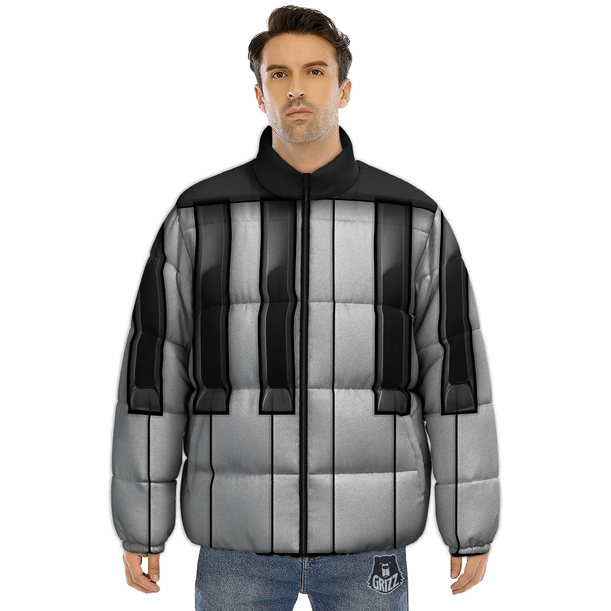 Piano Keyboard Print Puffer Jacket-grizzshop