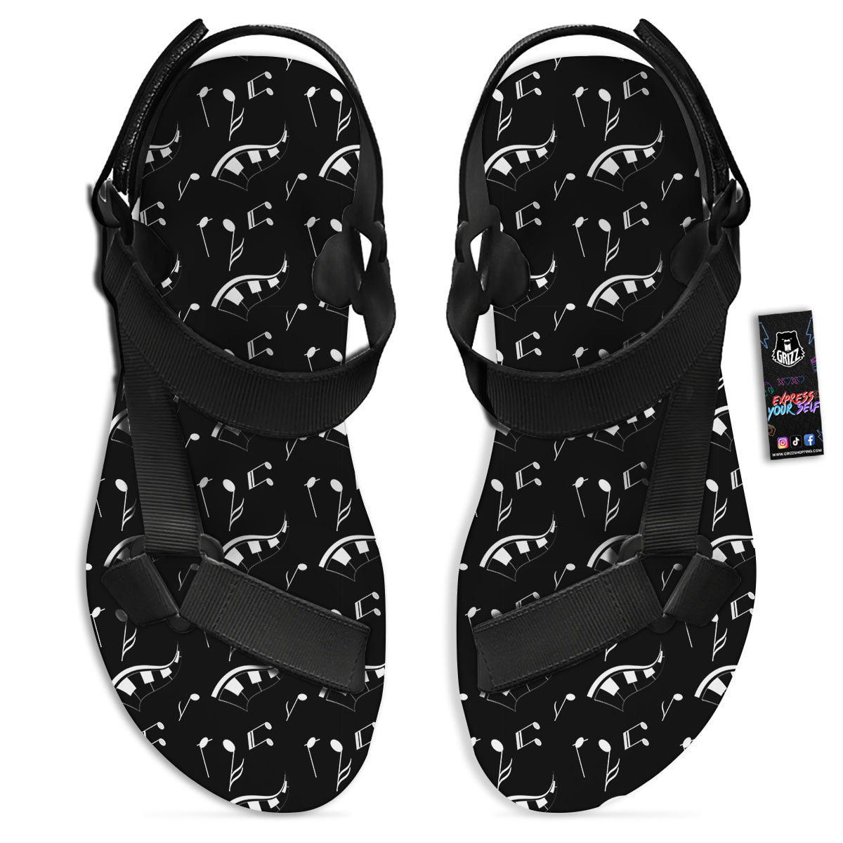Piano Print Pattern Black Open Toe Sandals-grizzshop
