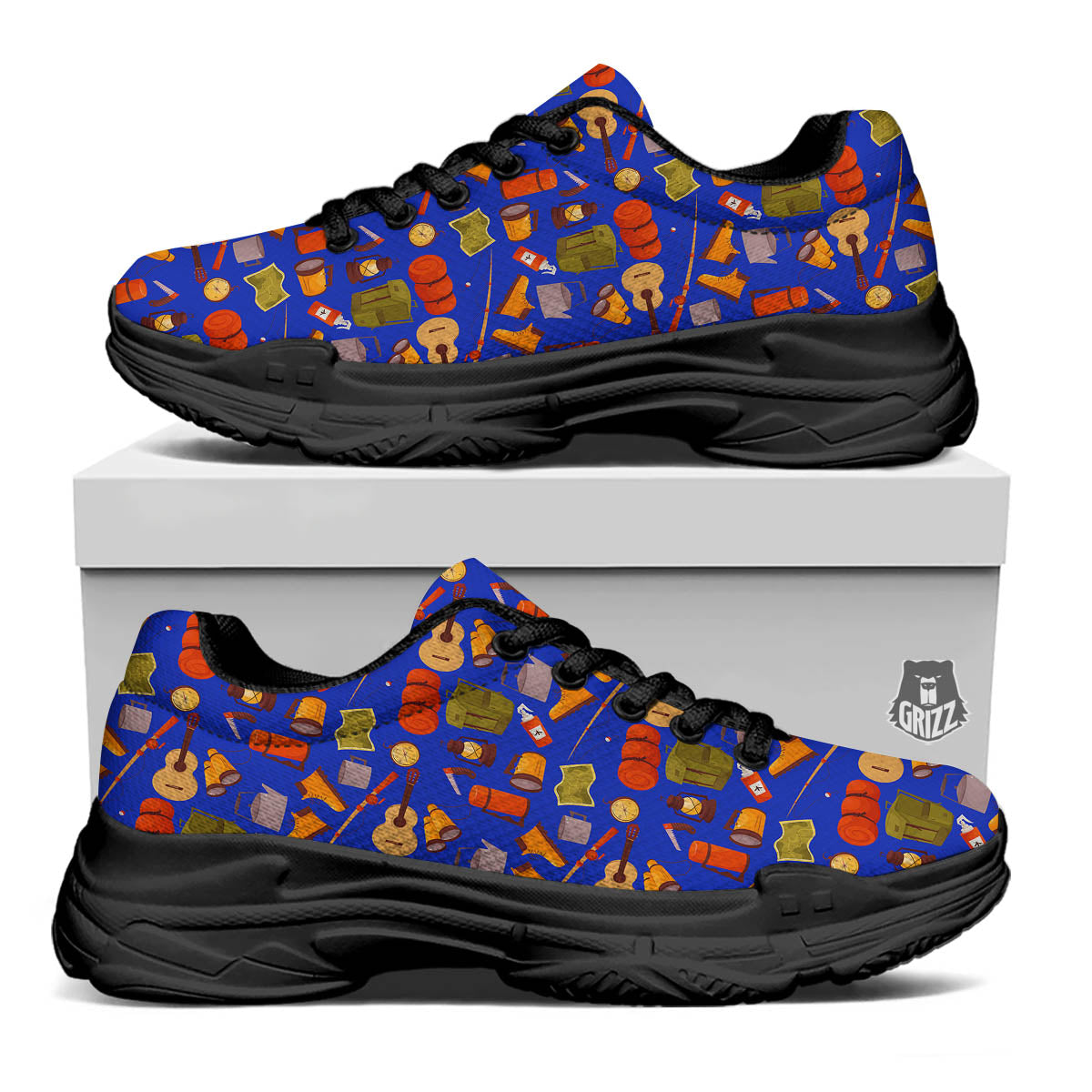 Picnic Camping Print Pattern Black Chunky Shoes-grizzshop