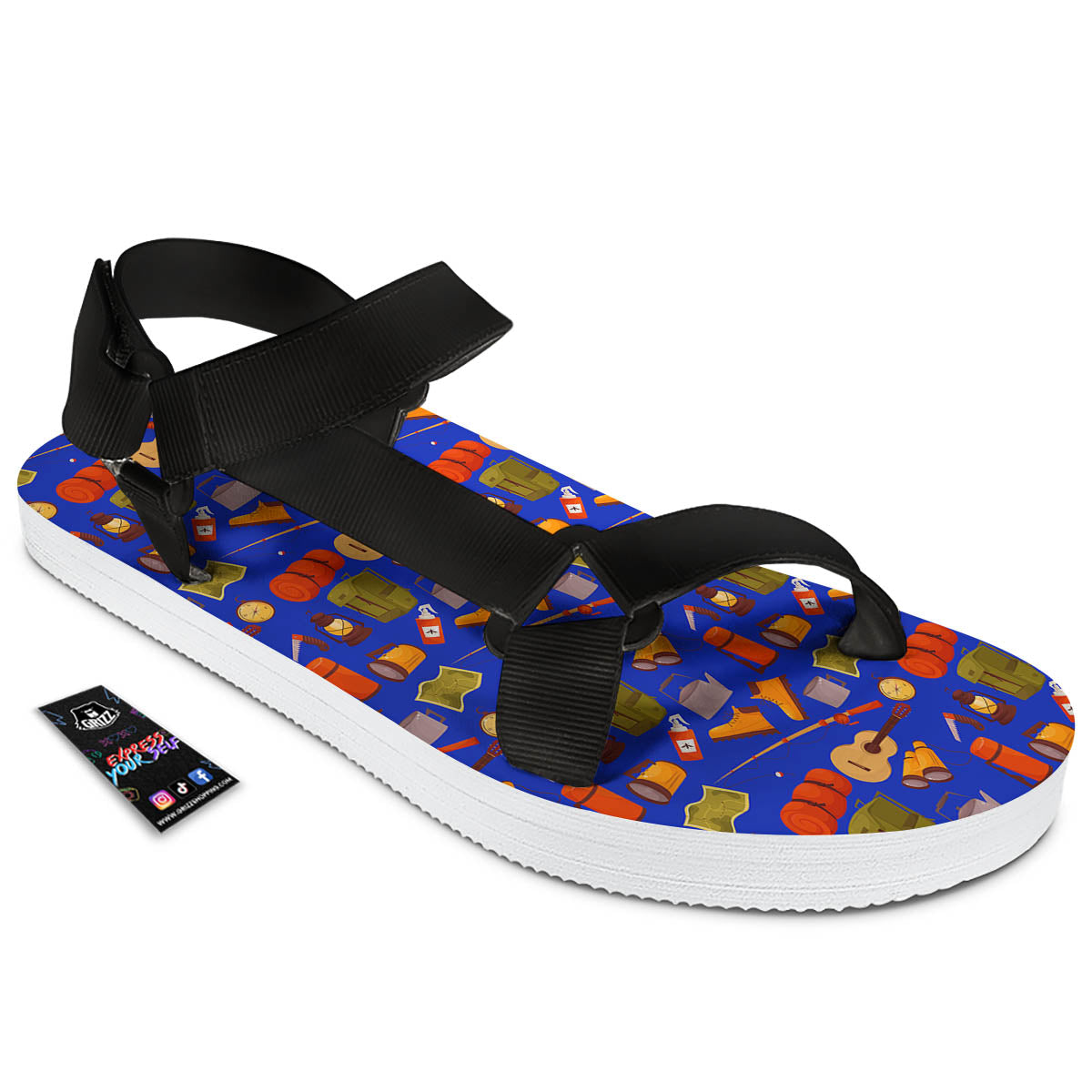 Picnic Camping Print Pattern Black Open Toe Sandals-grizzshop