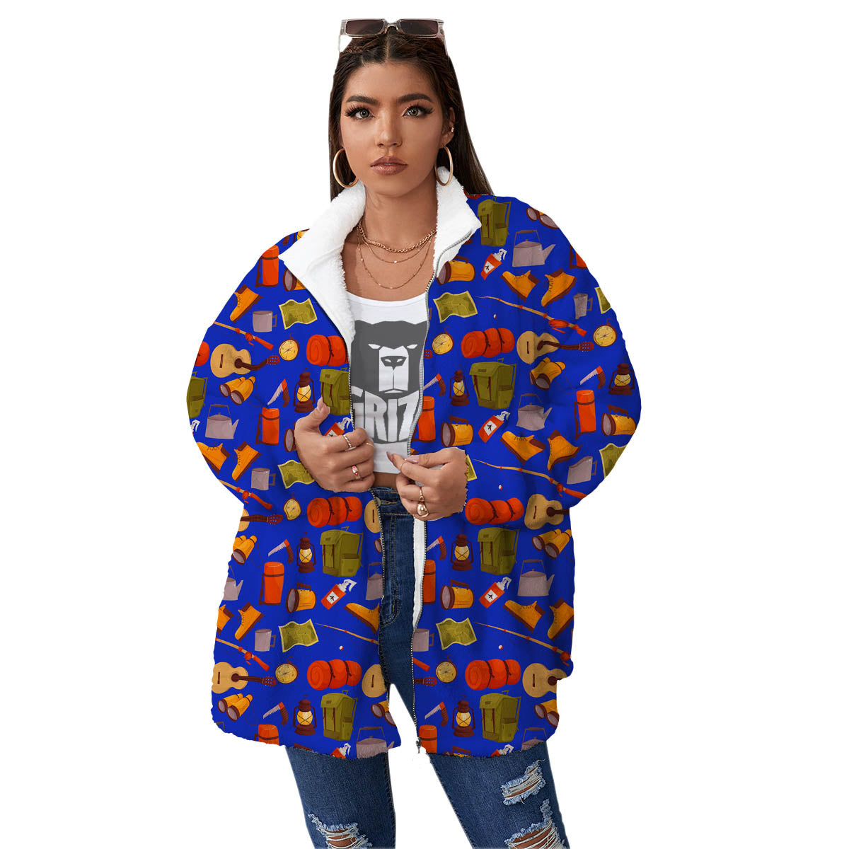 Picnic Camping Print Pattern Women's Sherpa Jacket-grizzshop