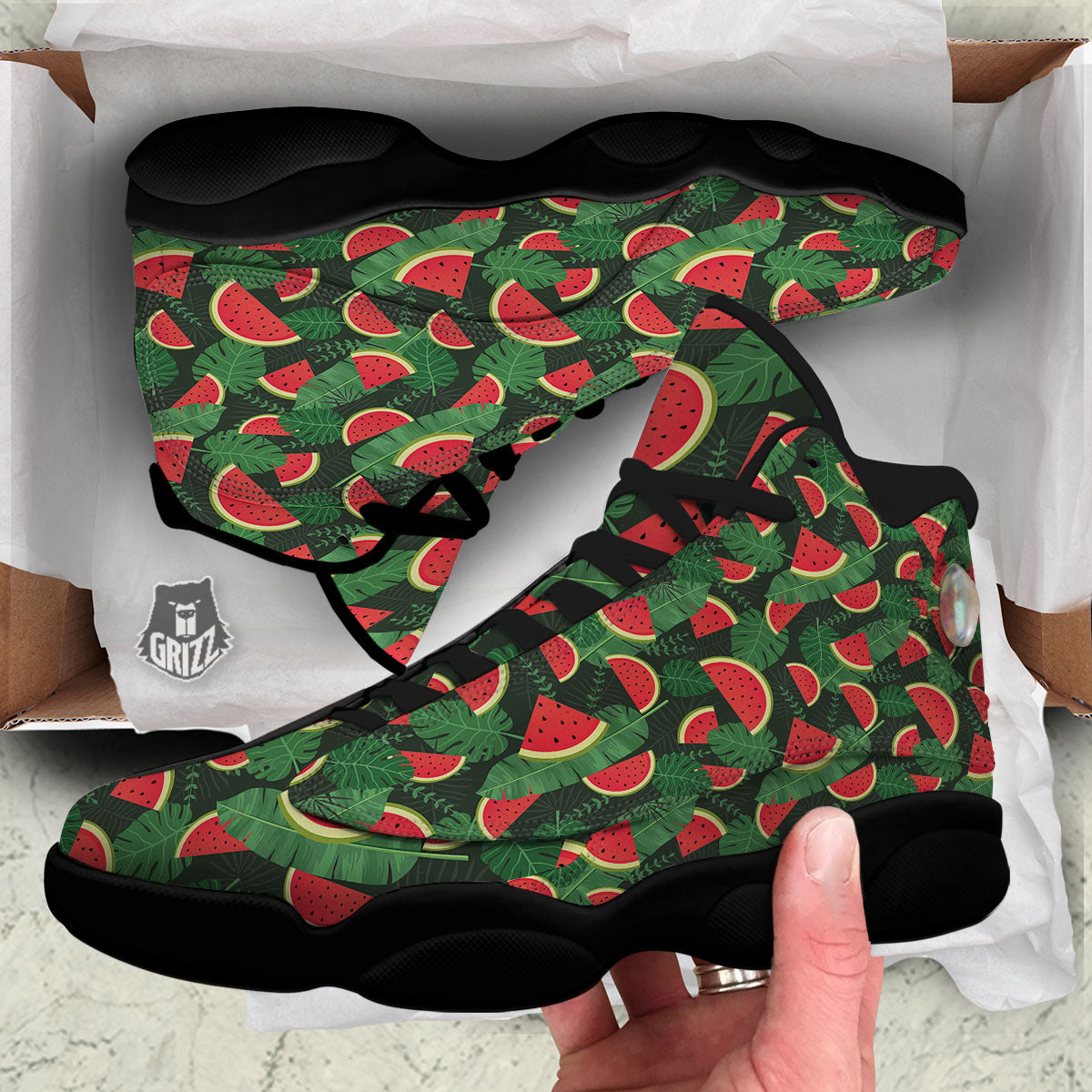 Pieces Leaf Watermelon Print Pattern Black Basketball Shoes-grizzshop