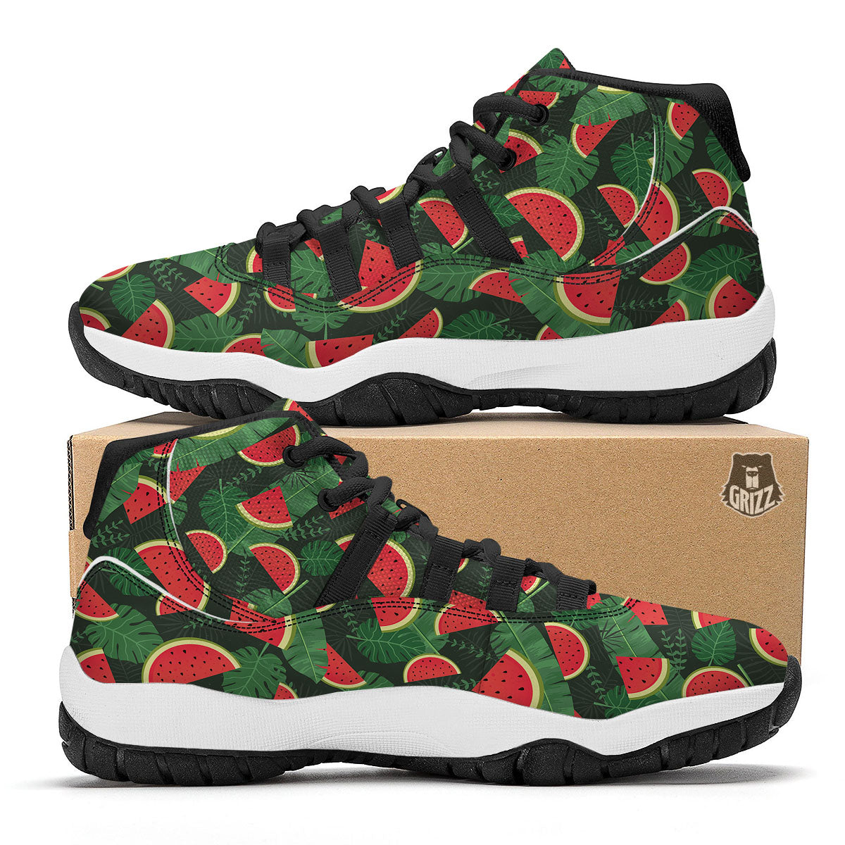 Pieces Leaf Watermelon Print Pattern Black Bball Shoes-grizzshop