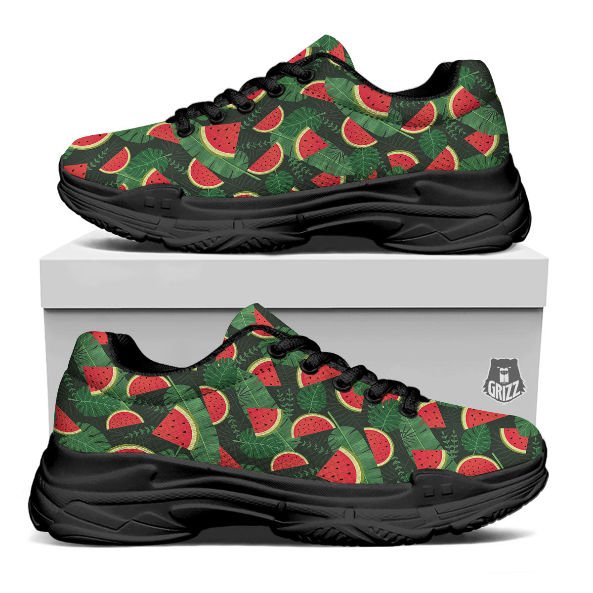Pieces Leaf Watermelon Print Pattern Black Chunky Shoes-grizzshop
