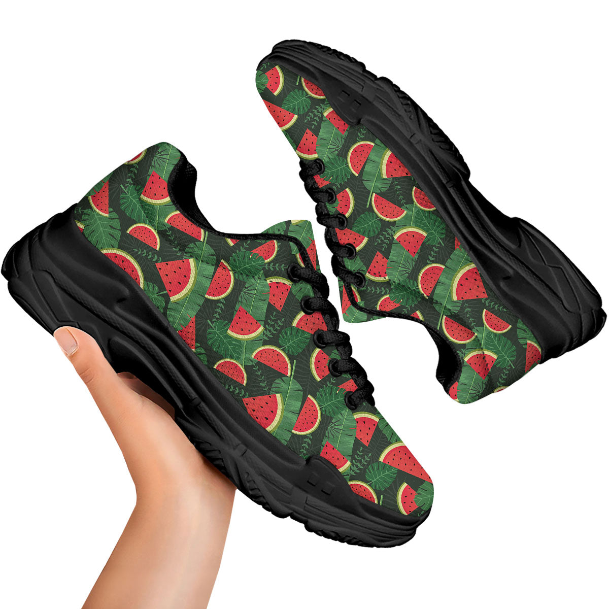 Pieces Leaf Watermelon Print Pattern Black Chunky Shoes-grizzshop