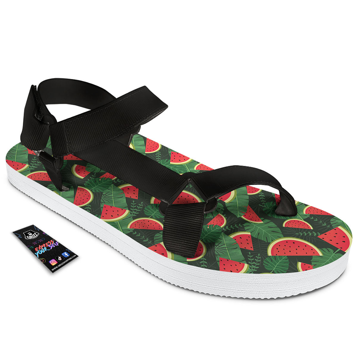 Pieces Leaf Watermelon Print Pattern Black Open Toe Sandals-grizzshop