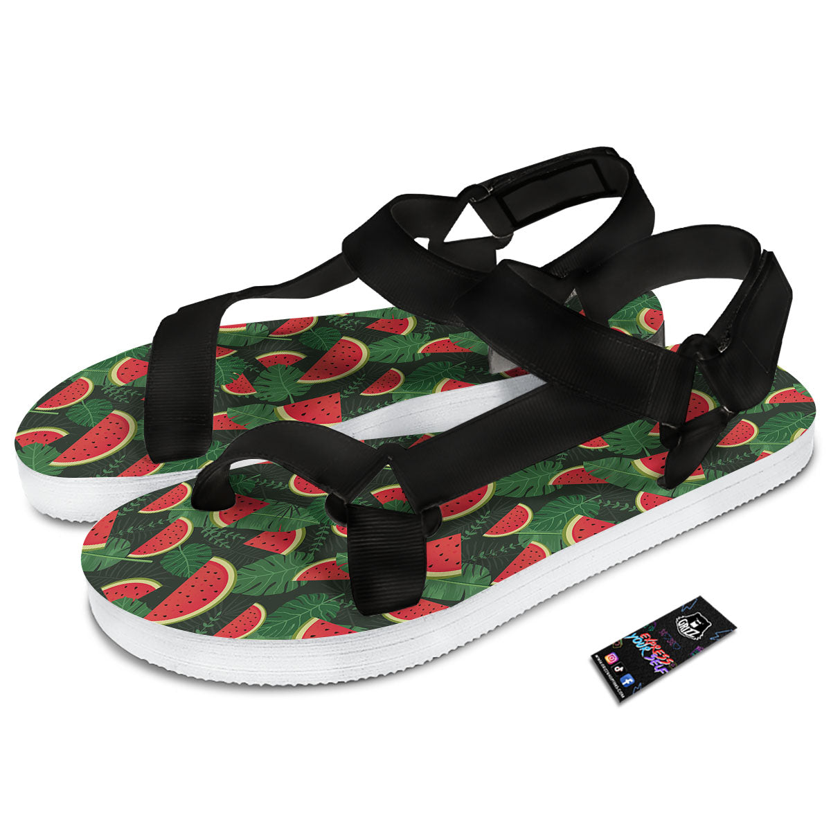 Pieces Leaf Watermelon Print Pattern Black Open Toe Sandals-grizzshop