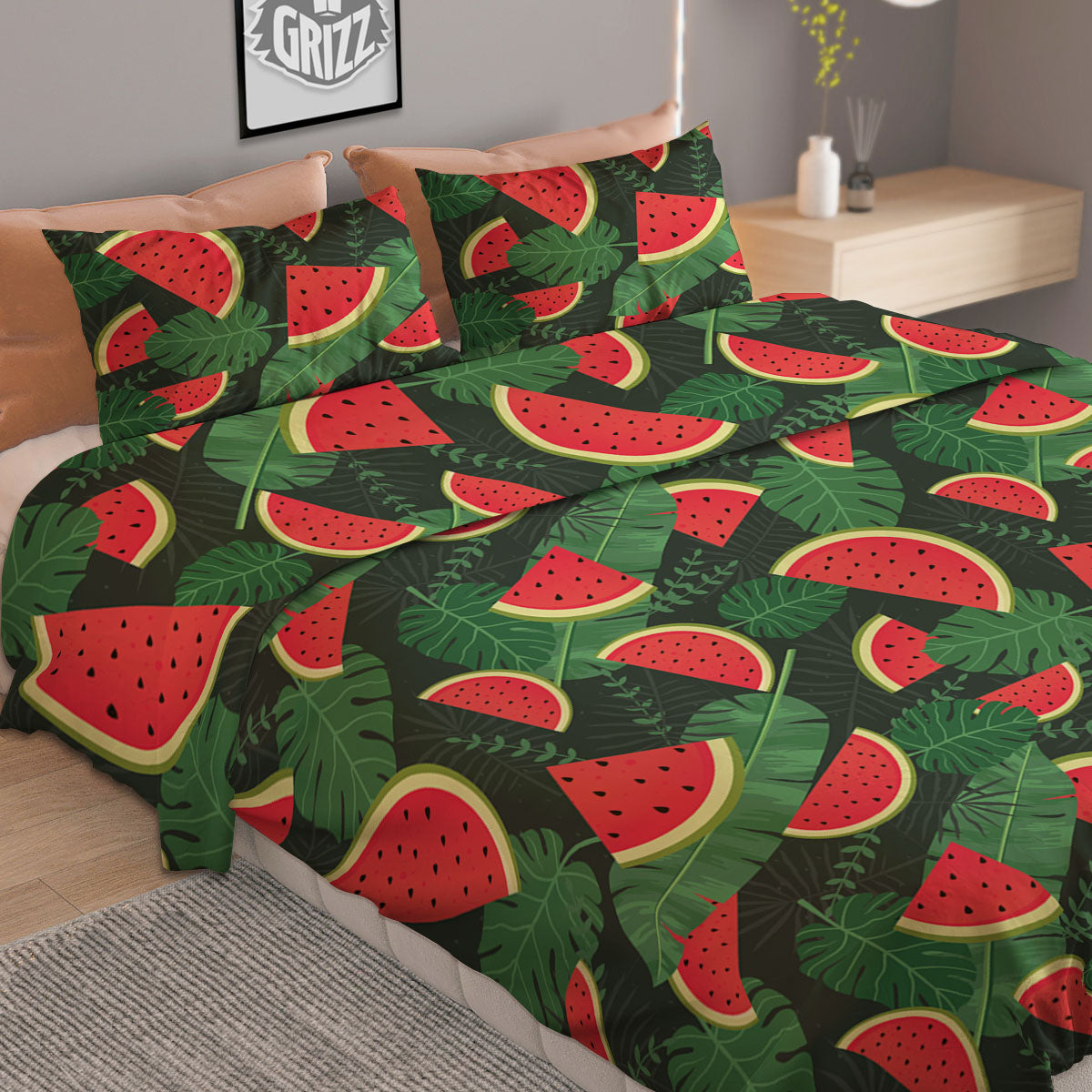 Pieces Leaf Watermelon Print Pattern Duvet Cover Bedding Set