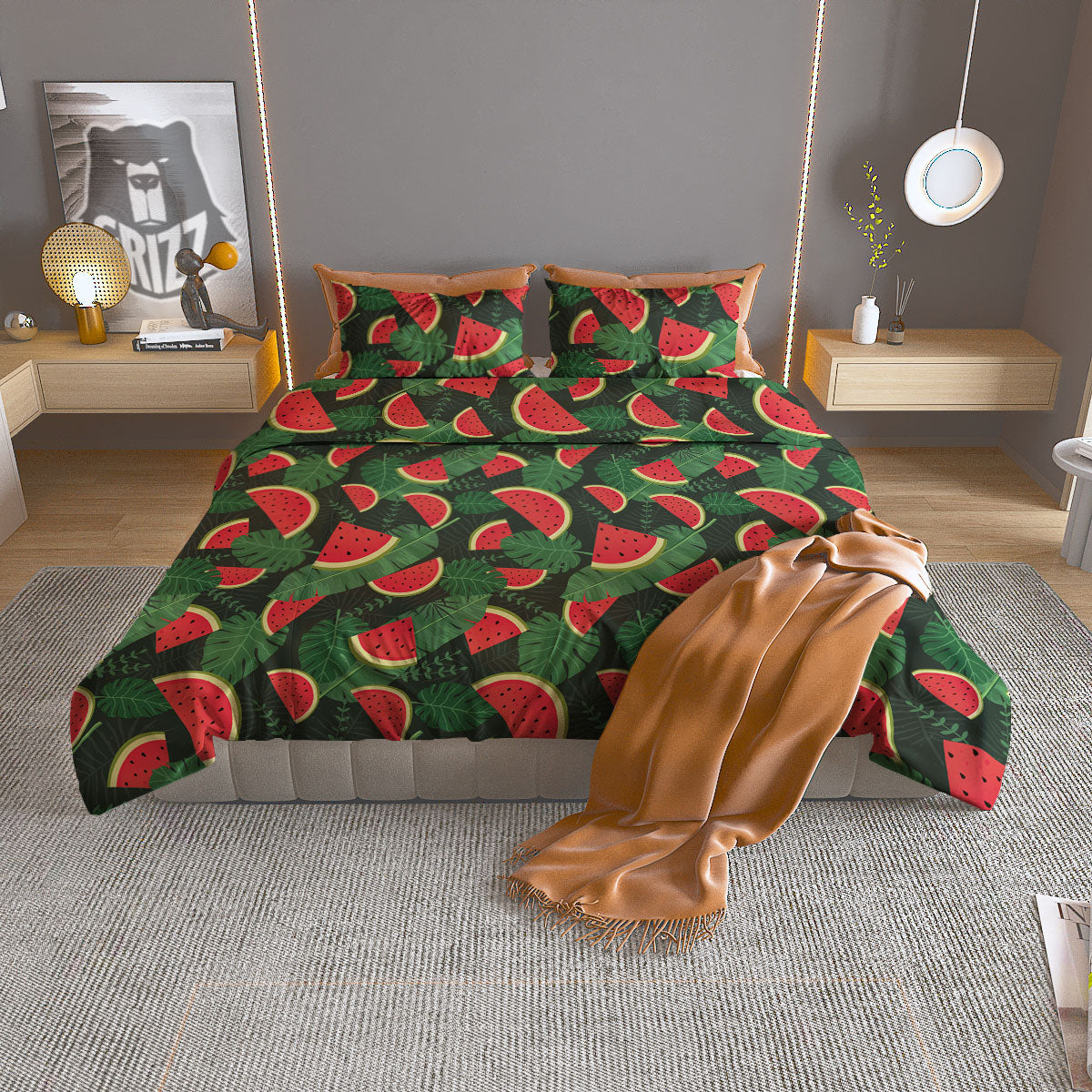 Pieces Leaf Watermelon Print Pattern Duvet Cover Bedding Set