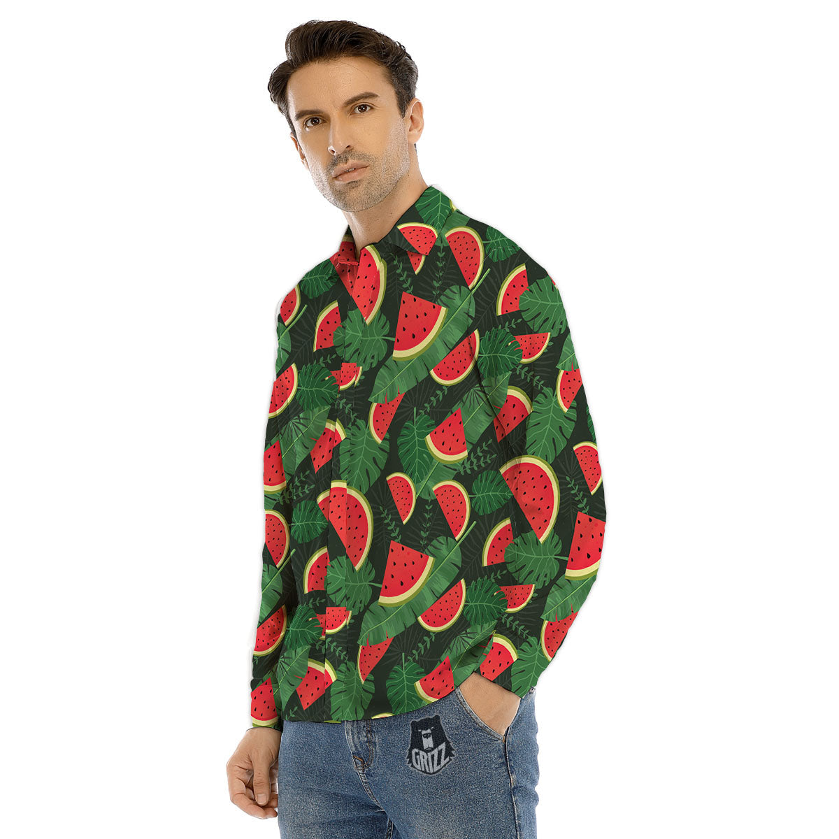 Pieces Leaf Watermelon Print Pattern Men's Dress Shirts-grizzshop