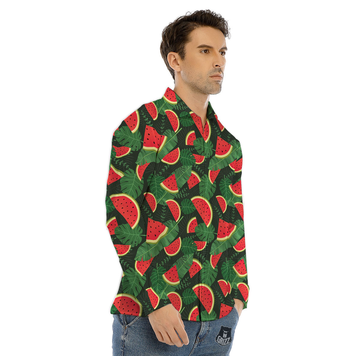 Pieces Leaf Watermelon Print Pattern Men's Dress Shirts-grizzshop