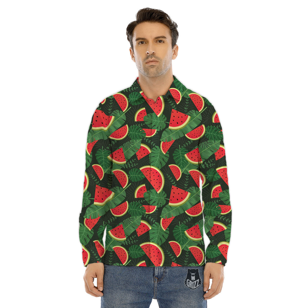 Pieces Leaf Watermelon Print Pattern Men's Dress Shirts-grizzshop