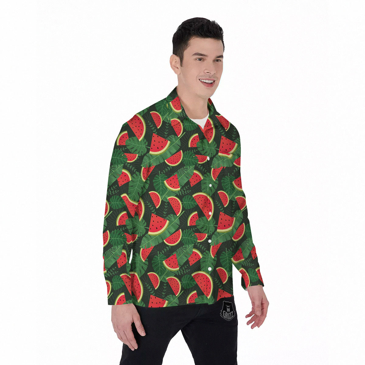 Pieces Leaf Watermelon Print Pattern Men's Long Sleeve Shirts-grizzshop