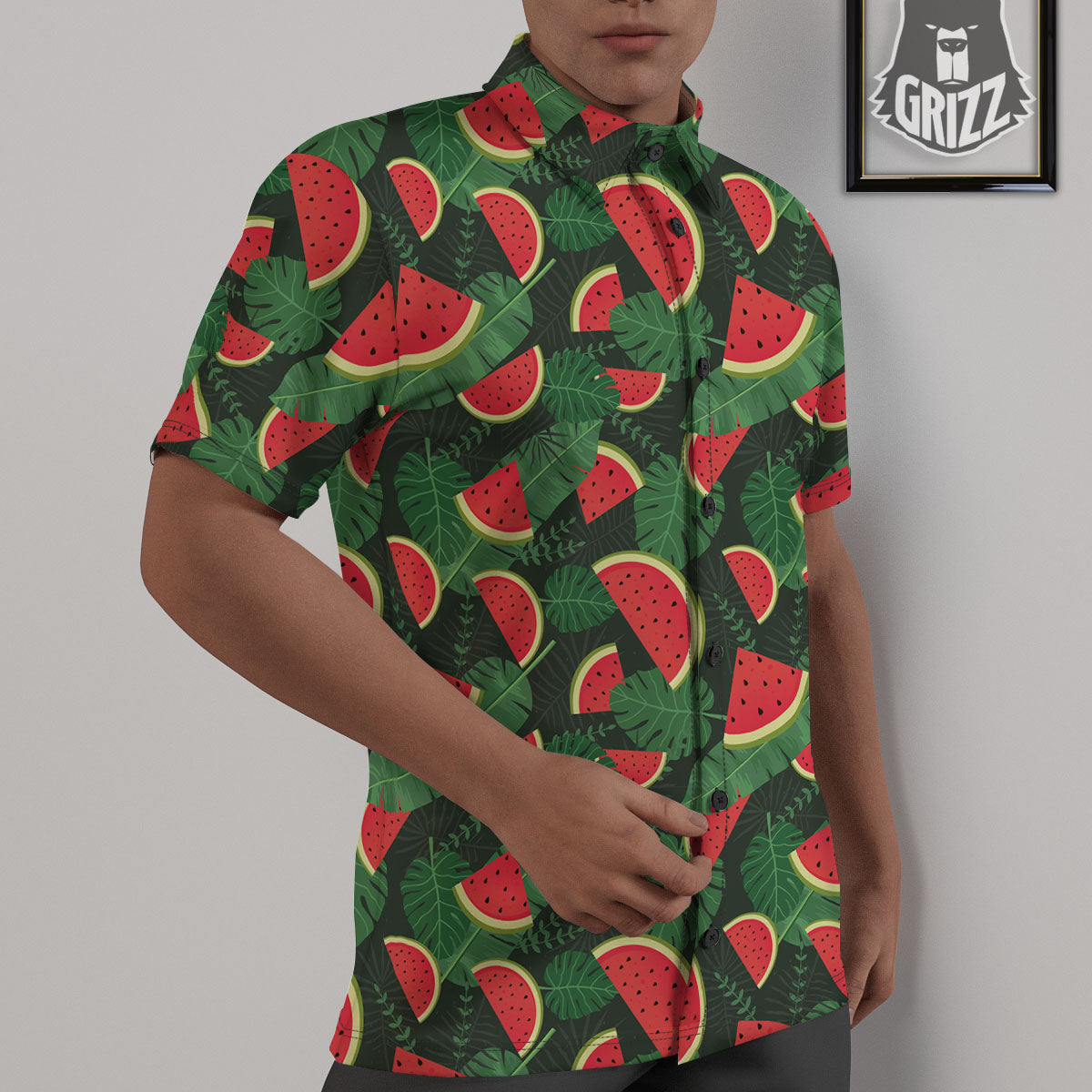 Pieces Leaf Watermelon Print Pattern Untucked Shirts-grizzshop