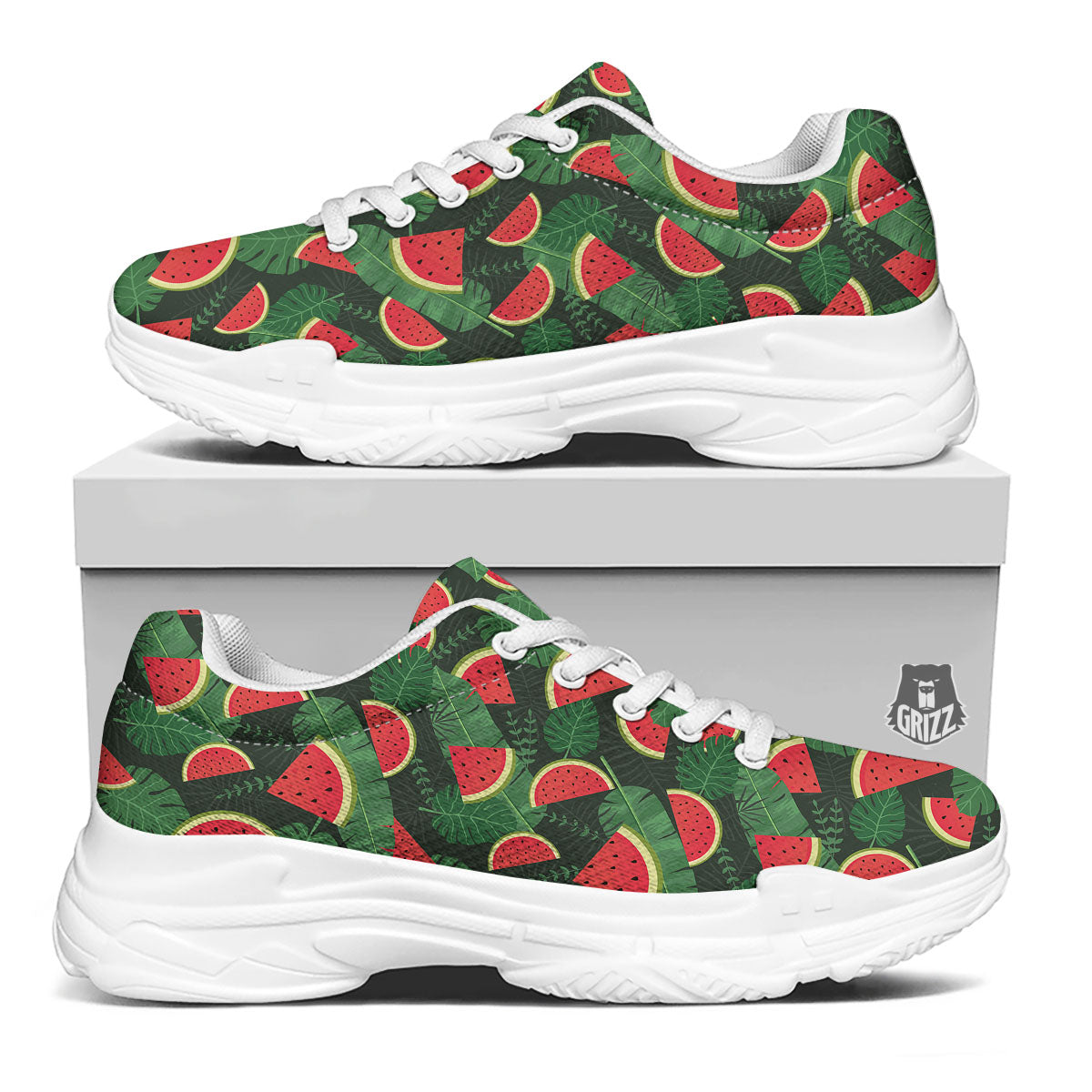 Pieces Leaf Watermelon Print Pattern White Chunky Shoes-grizzshop