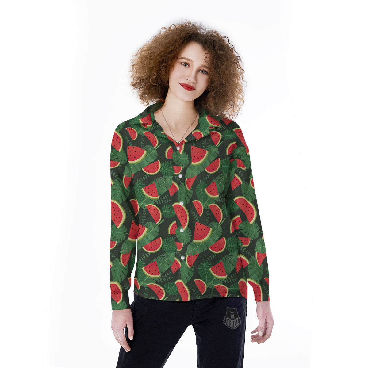 Pieces Leaf Watermelon Print Pattern Women's Long Sleeve Shirts-grizzshop