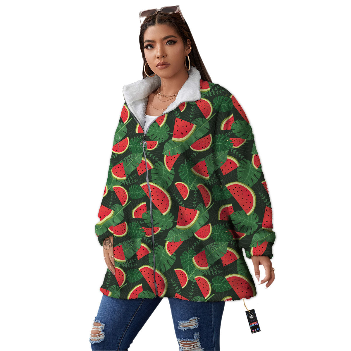 Pieces Leaf Watermelon Print Pattern Women's Sherpa Jacket-grizzshop