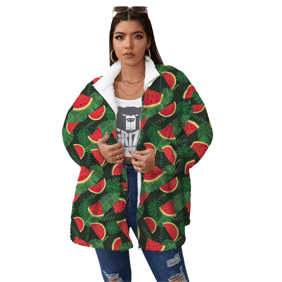 Pieces Leaf Watermelon Print Pattern Women's Sherpa Jacket-grizzshop