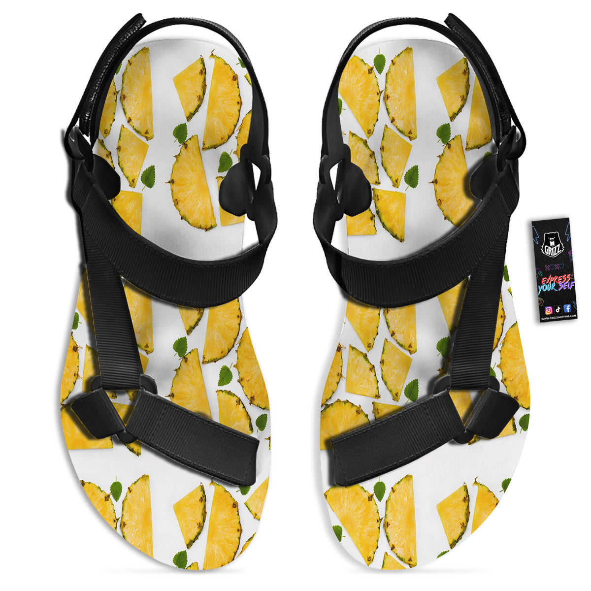 Pieces Pineapple Yellow Print Pattern Black Open Toe Sandals-grizzshop