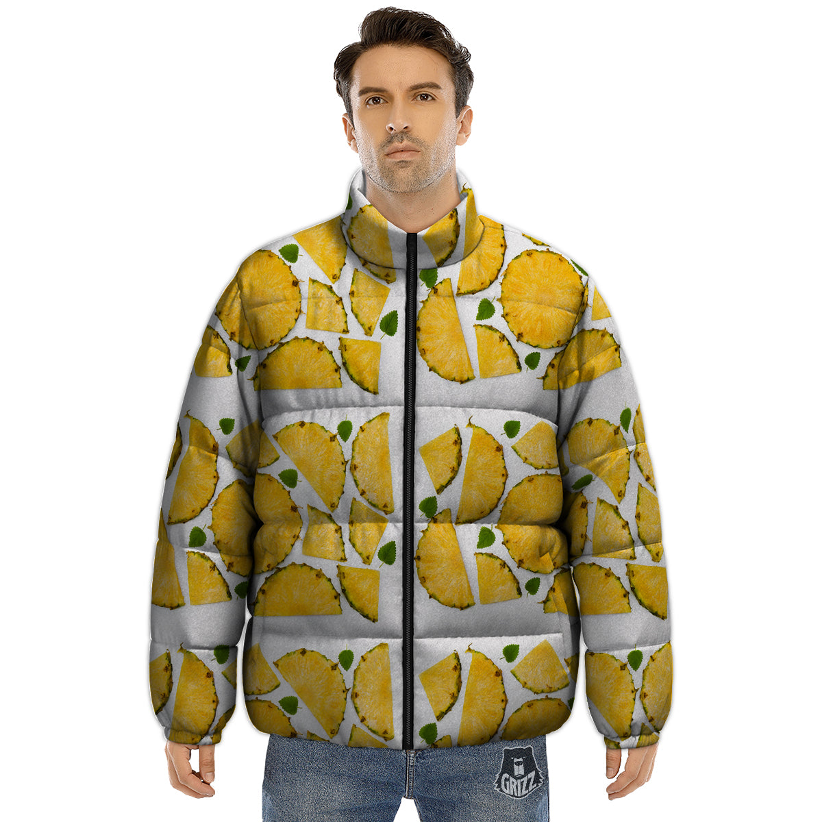 Pieces Pineapple Yellow Print Pattern Puffer Jacket-grizzshop