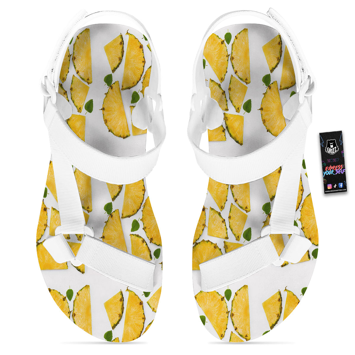 Pieces Pineapple Yellow Print Pattern White Open Toe Sandals-grizzshop