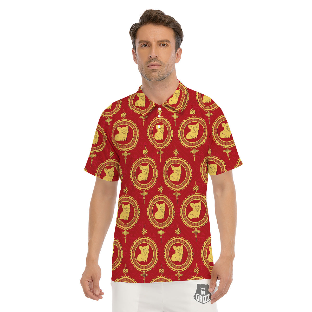 Pig And Chinese New Year Print Pattern Men's Golf Shirts-grizzshop