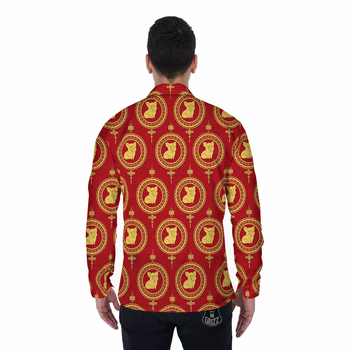 Pig And Chinese New Year Print Pattern Men's Long Sleeve Shirts-grizzshop