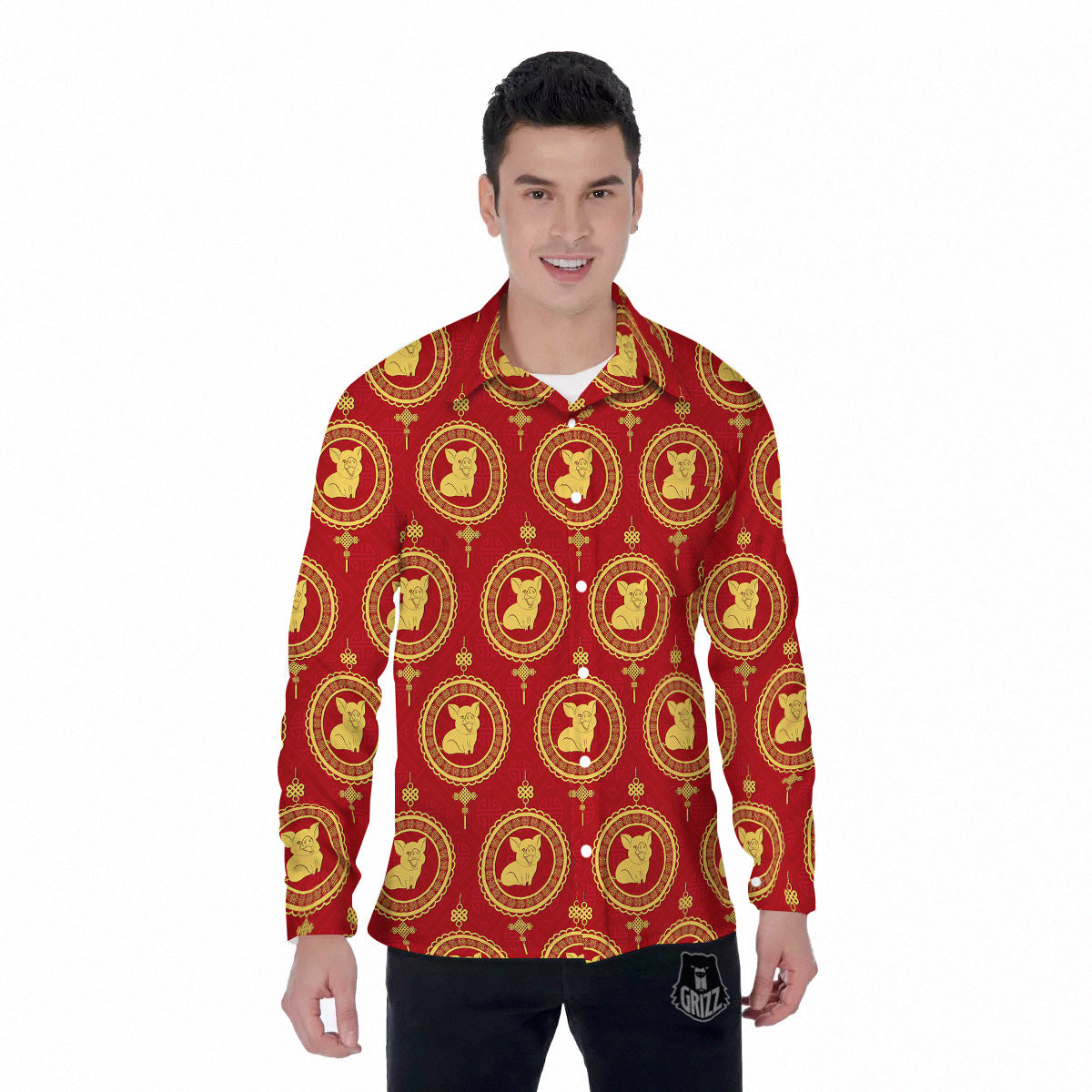 Pig And Chinese New Year Print Pattern Men's Long Sleeve Shirts-grizzshop