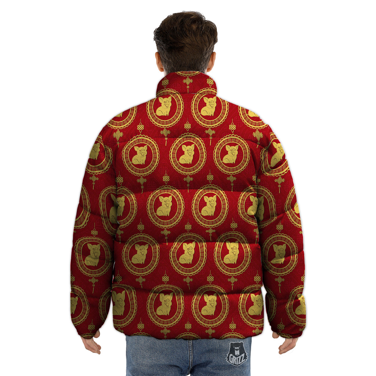 Pig And Chinese New Year Print Pattern Puffer Jacket-grizzshop