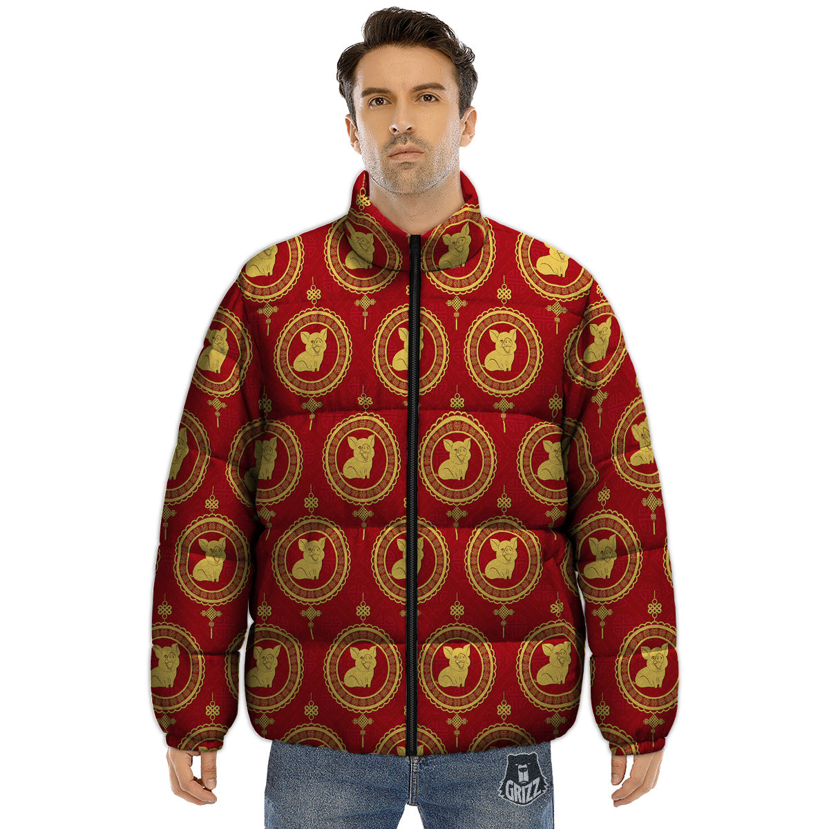 Pig And Chinese New Year Print Pattern Puffer Jacket-grizzshop