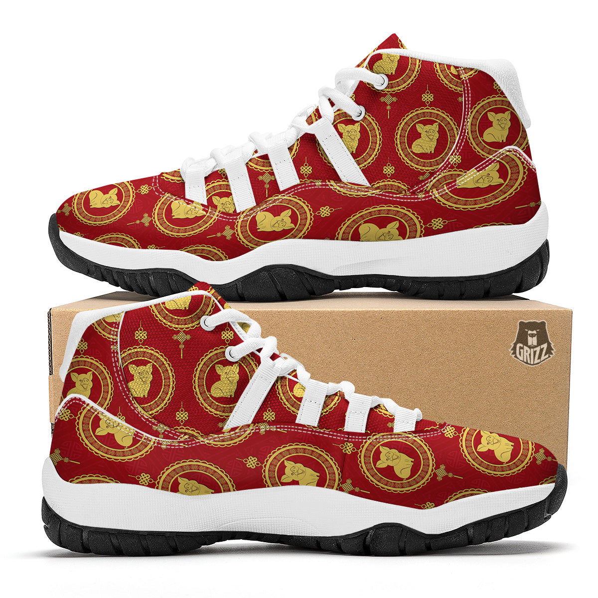 Pig And Chinese New Year Print Pattern White Bball Shoes-grizzshop