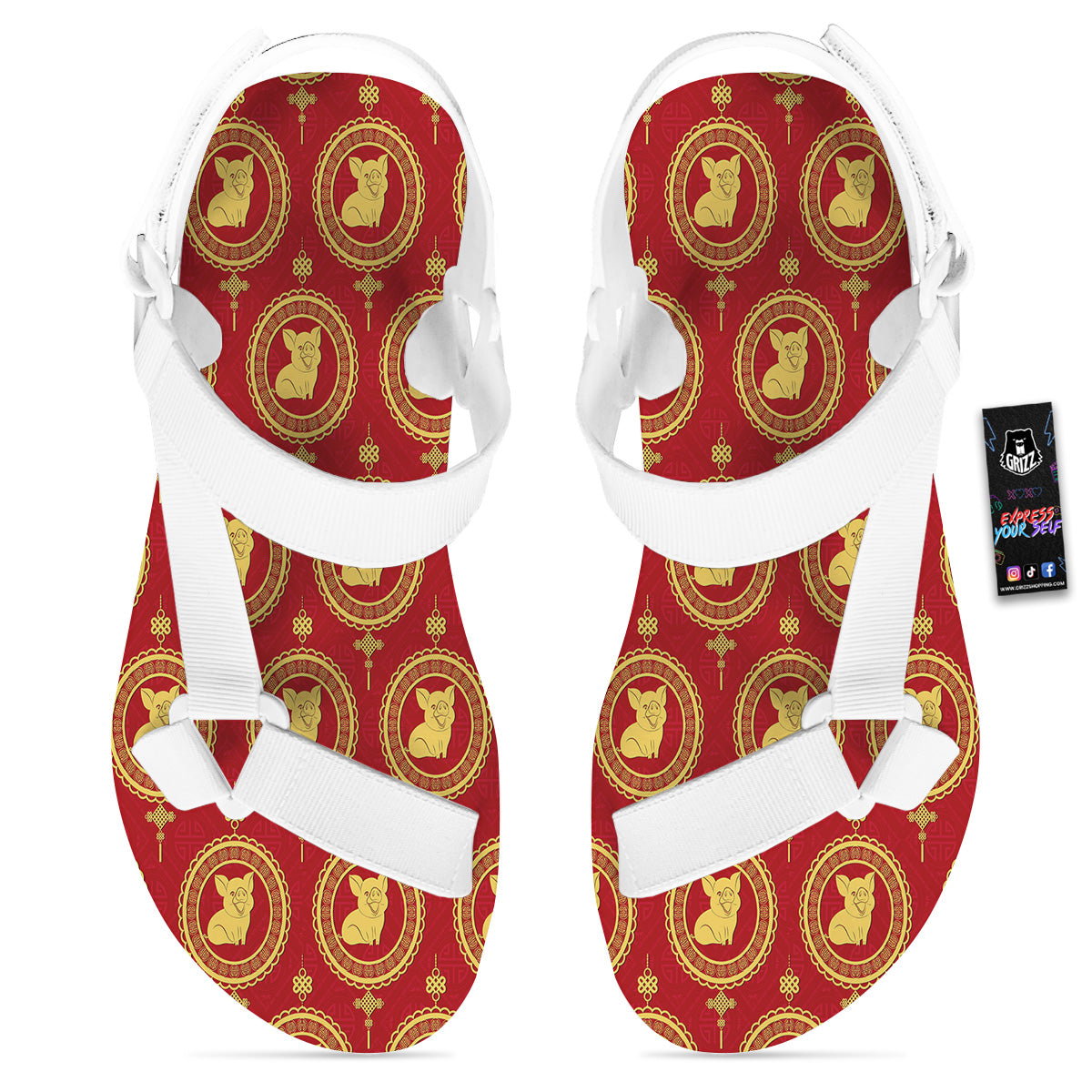 Pig And Chinese New Year Print Pattern White Open Toe Sandals-grizzshop