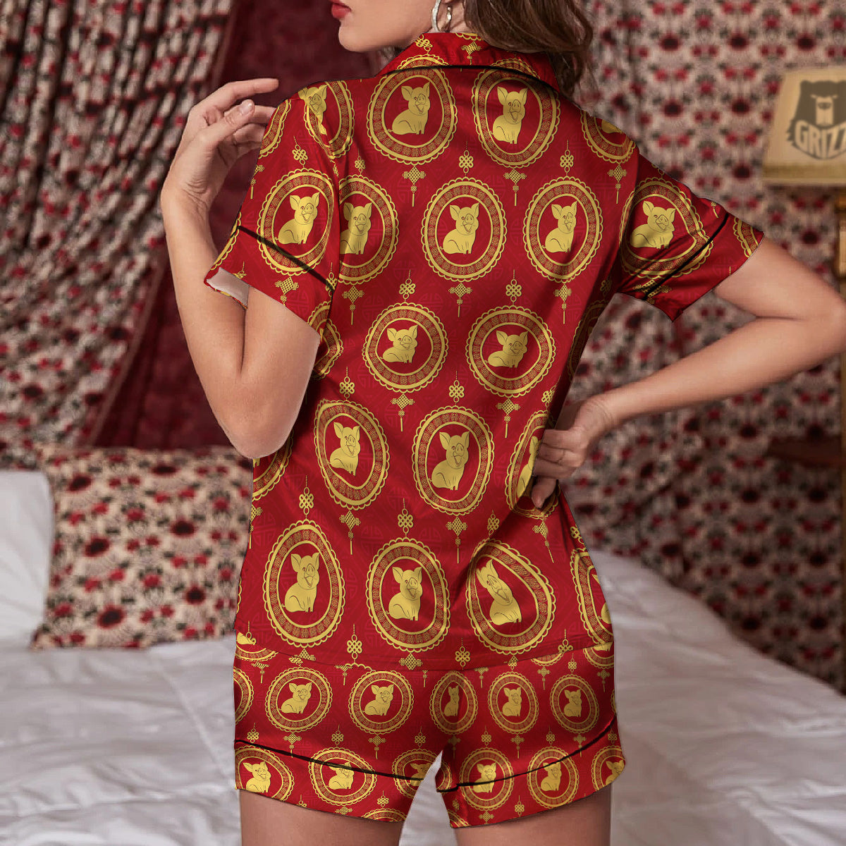 Pig And Chinese New Year Print Pattern Women Silk Pajamas-grizzshop