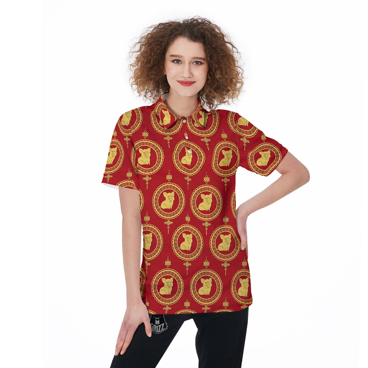 Pig And Chinese New Year Print Pattern Women's Golf Shirts-grizzshop