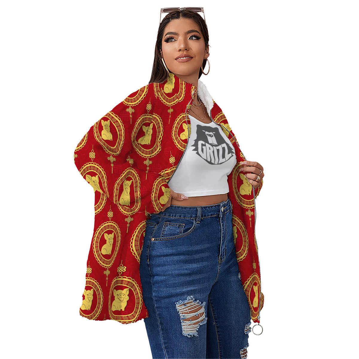 Pig And Chinese New Year Print Pattern Women's Sherpa Jacket-grizzshop